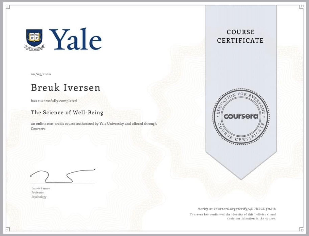 Breuk Iversen, YALE Certificate, Science of Being Happy